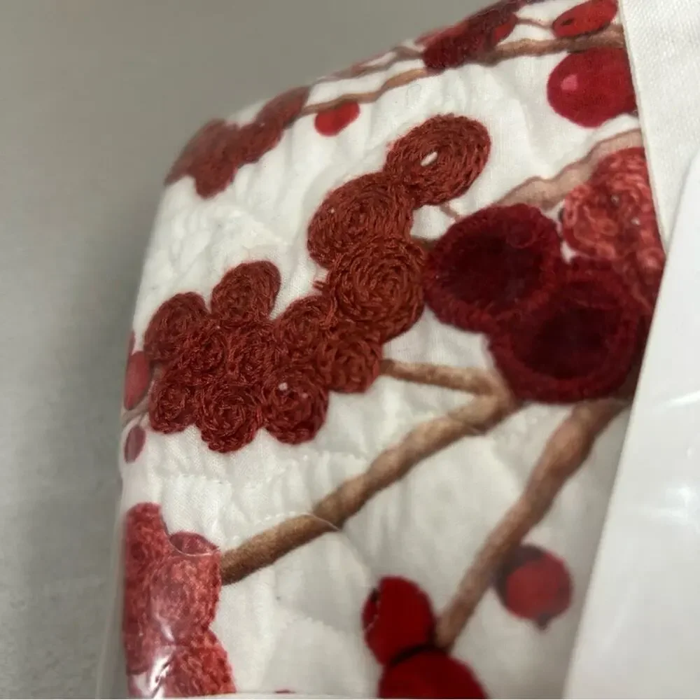 Pottery Barn Red Berry Wreath Quilted Sham Cardinal Bird EURO Embroidered NWT